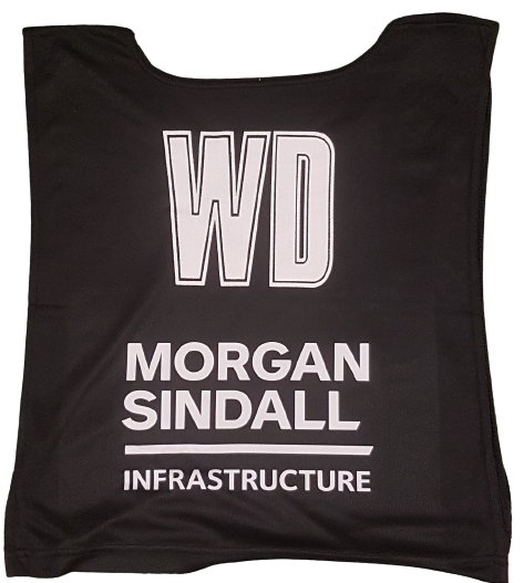 Personalised Gilbert Netball Bib from Gilbert featuring WD in large white letters at the top and Morgan Sindall Infrastructure in smaller text below, inspired by classic Gilbert netball bibs.