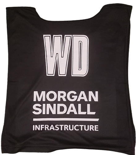 Personalised Gilbert Netball Bib from Gilbert featuring WD in large white letters at the top and Morgan Sindall Infrastructure in smaller text below, inspired by classic Gilbert netball bibs.