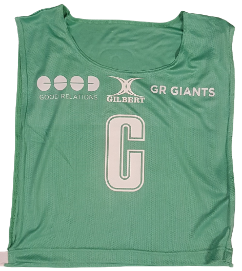 The Personalised Gilbert Netball Bibs (Single Bibs) by Gilbert feature GOOD RELATIONS, the Gilbert logo, GR GIANTS, and a bold white C—ideal for custom team netball bibs.