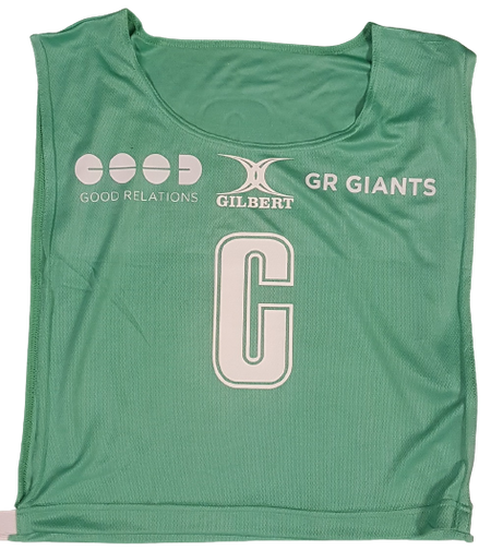 The Personalised Gilbert Netball Bibs (Single Bibs) by Gilbert feature GOOD RELATIONS, the Gilbert logo, GR GIANTS, and a bold white C—ideal for custom team netball bibs.