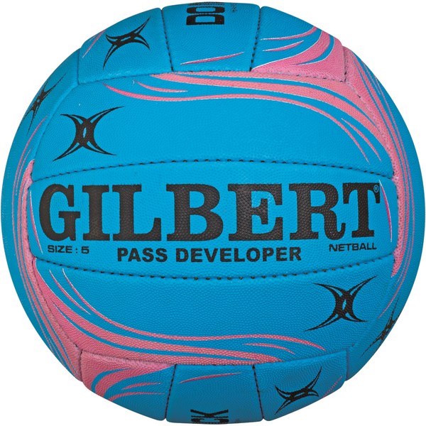 The Gilbert Pass Developer Netball by Gilbert is a blue, size 5 training ball with pink swirl designs, black star-like patterns, and "GILBERT PASS DEVELOPER NETBALL SIZE: 5" printed in black.