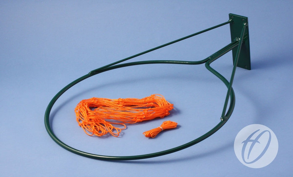 The Harrod Sport Practice Netball Nets feature a green hoop and orange net, ideal for training sessions and drills.
