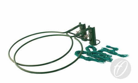 Pair of Harrod Sport NB4 Netball Rings (10mm) in green, with solid steel construction, mounting brackets, green nets, and safety collars. Displayed on a white background.