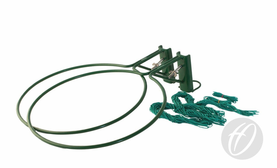 Pair of Harrod Sport NB4 Netball Rings (10mm) in green, with solid steel construction, mounting brackets, green nets, and safety collars. Displayed on a white background.