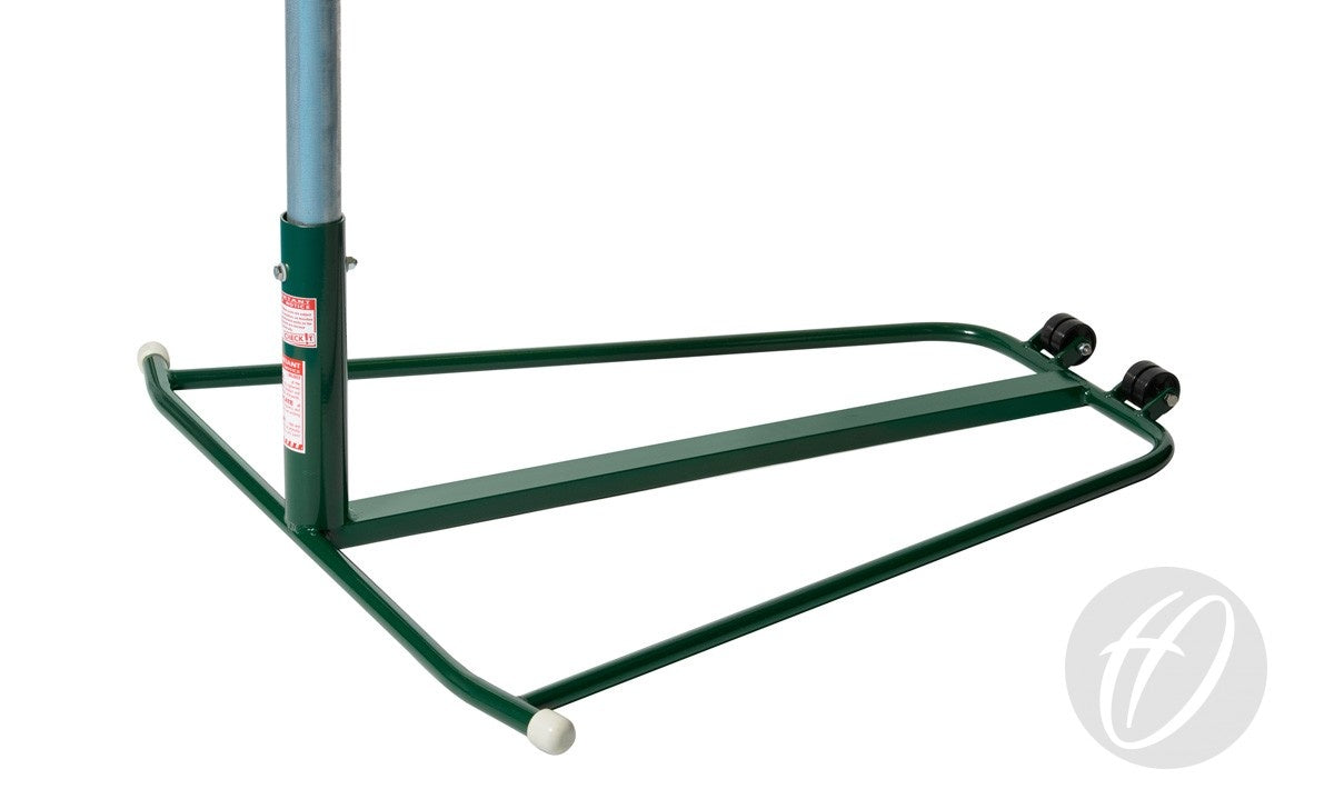 The Harrod Sport Regulation Netball Posts - Freestanding, 16MM Ring PAIR feature a green metal triangular base with two black wheels and beige end caps, ideal for supporting adjustable netball goal posts in school setups. Logo displayed on the base.