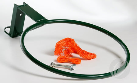 A pair of Harrod Sport Regulation Netball Rings (16mm) in green tubular steel with mounting brackets, orange nets, and hardware, are displayed on a white surface.