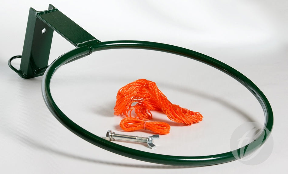 A pair of Harrod Sport Regulation Netball Rings (16mm) in green tubular steel with mounting brackets, orange nets, and hardware, are displayed on a white surface.