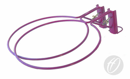 The Harrod Sport NB4 Pink Netball Rings10mm (Pair) features two pink rings with nets mounted side by side on a purple bracket, shown against a white background.