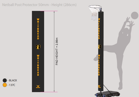 A pair of Gilbert Custom Printed Netball Post Protectors, black with WHITBREAD and a yellow crest, displayed front and side by a netball post and player silhouette. Each pad height: 2.86m. Brand: Gilbert.