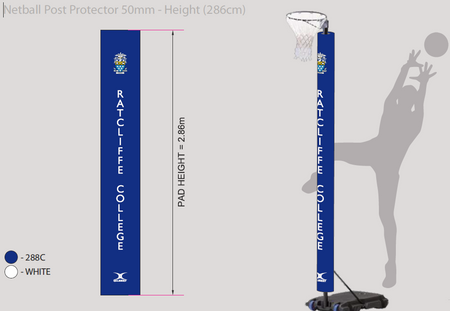 Gilbert Custom Printed Netball Post Protectors (Pair), 286cm tall for Ratcliffe College, shown in blue with white text and a player silhouette design. Includes attached netball hoop; personalised for your team by Gilbert.