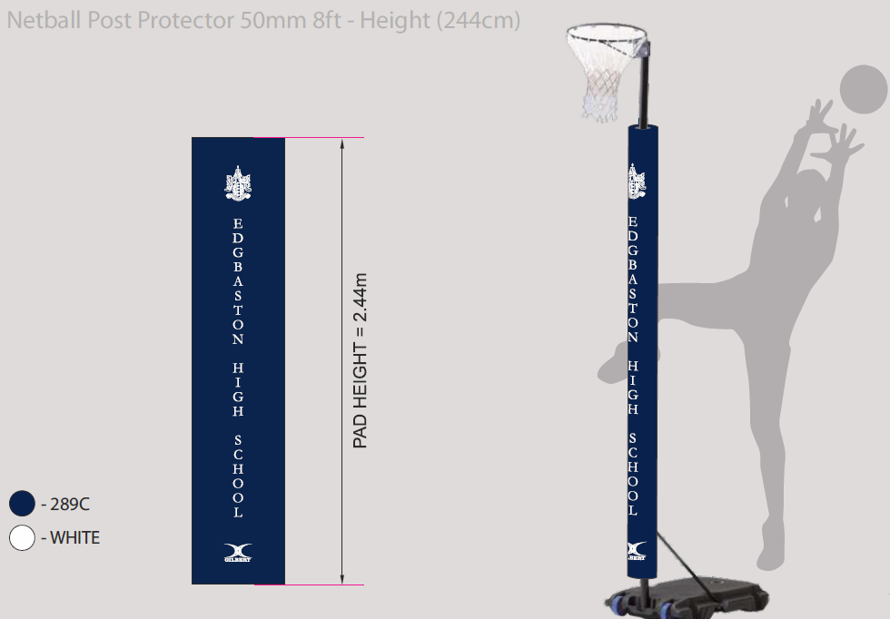 A pair of Gilbert Custom Printed Netball Post Protectors, in navy blue with Edgbaston High School and a white crest, stands beside the netball goal as a player’s silhouette reaches for the ball in the background.