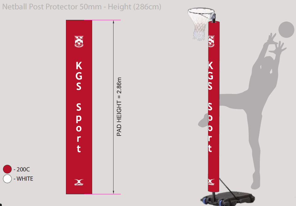 The Gilbert Custom Printed Netball Post Protectors (Pair) are shown from the side and front with a height of 2.86m, featuring white "KGS Sport" text and a netball player silhouette for personalisation. Brand: Gilbert.