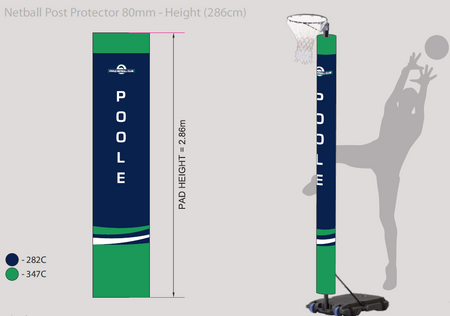 The Gilbert Custom Printed Netball Post Protectors (Pair) by Gilbert feature navy blue and green colors, "POOLE" text, stand 286 cm tall, and include a netball hoop plus shooter silhouette—ideal for your team.