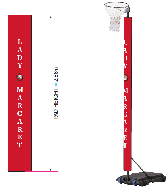 The Gilbert Custom Printed Netball Post Protectors (Pair) are shown in red, featuring "LADY MARGARET" in white with a rose emblem between the words. The 2.68m tall pads are displayed both flat and wrapped around a netball post.