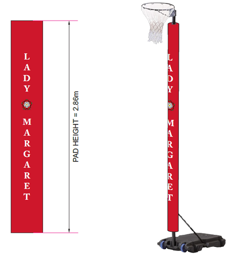 The Gilbert Custom Printed Netball Post Protectors (Pair) are shown in red, featuring "LADY MARGARET" in white with a rose emblem between the words. The 2.68m tall pads are displayed both flat and wrapped around a netball post.