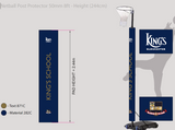 Gilbert Custom Printed Netball Post Protectors (Pair) in navy blue (871C, 282C), 2.44m high, personalised with "KINGS SCHOOL" in gold, Kings Gloucester logo, and school crest. Brand: Gilbert.