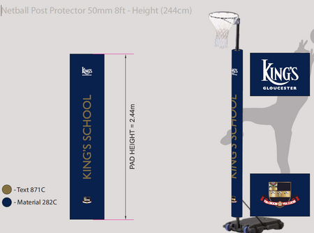 Gilbert Custom Printed Netball Post Protectors (Pair) in navy blue (871C, 282C), 2.44m high, personalised with "KINGS SCHOOL" in gold, Kings Gloucester logo, and school crest. Brand: Gilbert.