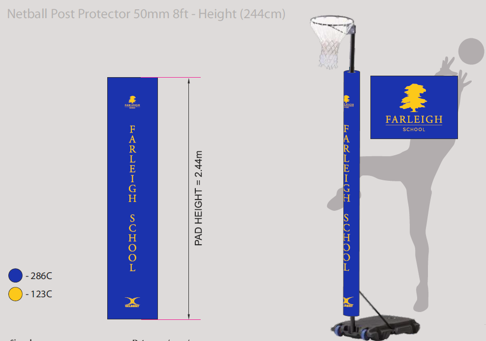 Digital illustration of Gilbert Custom Printed Netball Post Protectors (Pair) in blue, featuring FARLEIGH SCHOOL in white and a yellow bird logo. The 2.44m high posts appear with a netball hoop and grey player silhouette in the background.