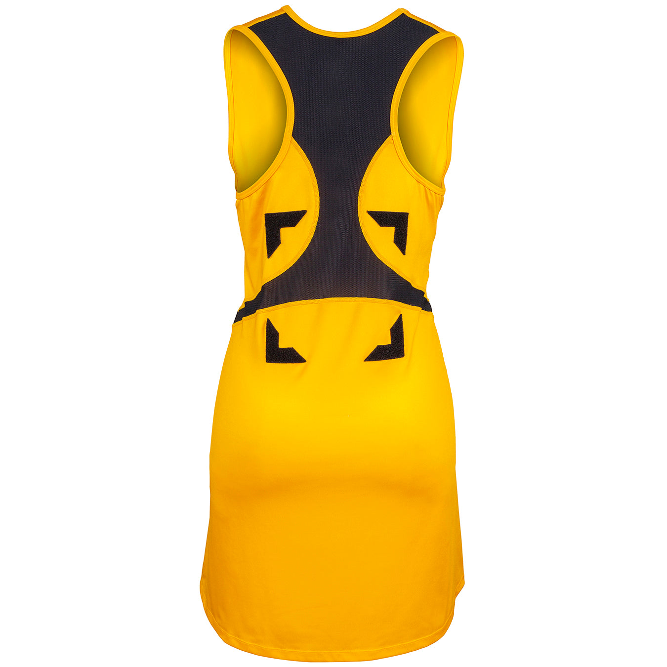The Gilbert Synergie Netball Dress is a sleeveless yellow dress by Gilbert, shown from the back, with a black upper back panel and black triangular waist accents.