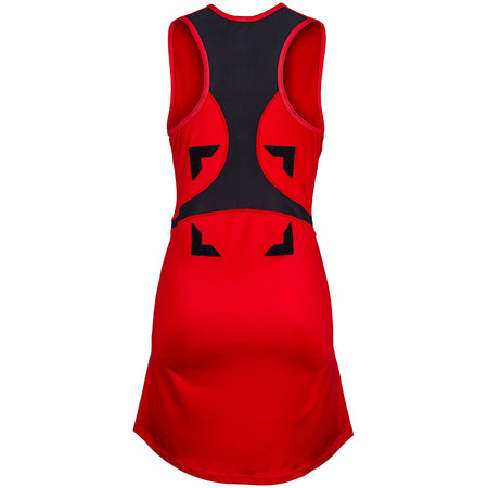 The Gilbert Synergie Netball Dress is a sleeveless red dress with black mesh panel and geometric accents on the back. This fitted, racerback design by Gilbert offers peak performance and style for netball players.