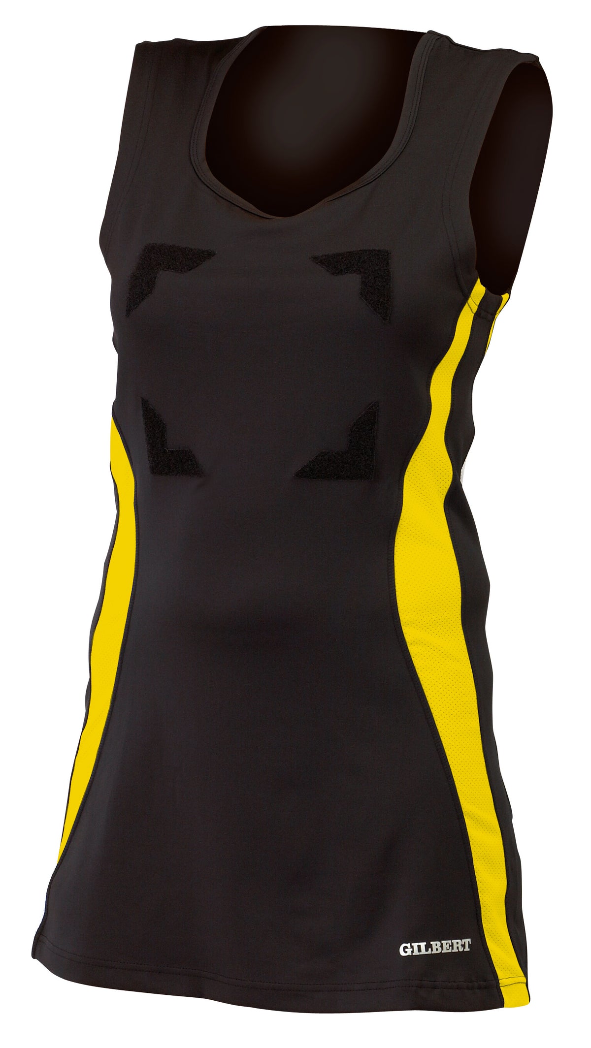 The Gilbert Eclipse Netball Dress by Gilbert in Black/Gold features yellow side panels, front angular black markings, a V-neck, and “GILBERT” printed near the hem—ideal as a fitted women’s netball uniform.