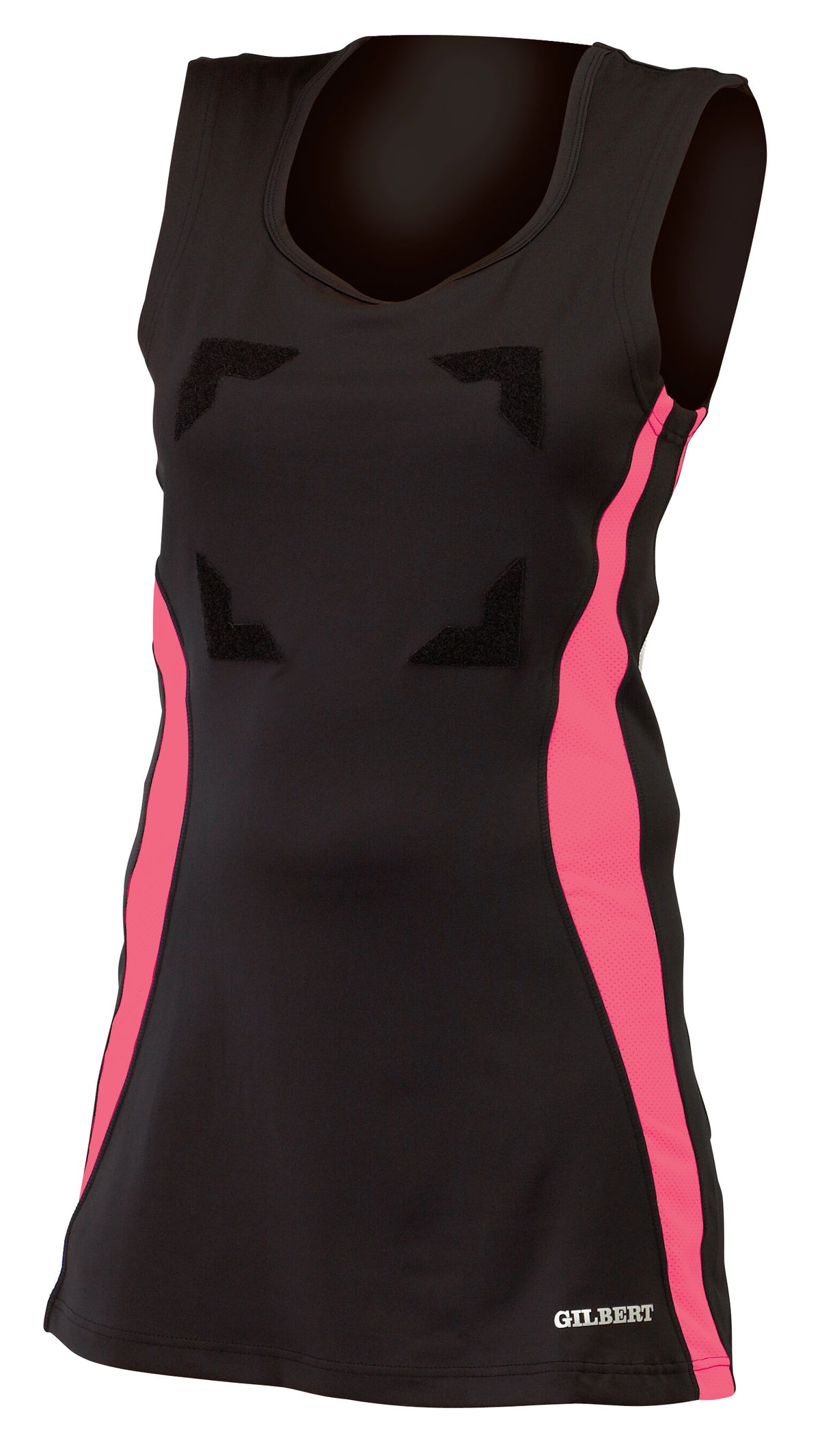 Women's netball uniform featuring the Gilbert Eclipse Netball Dress by Gilbert in Black/Pink, with pink side panels, V-neck, GILBERT logo near the hem, and chest patches for netball position bibs.