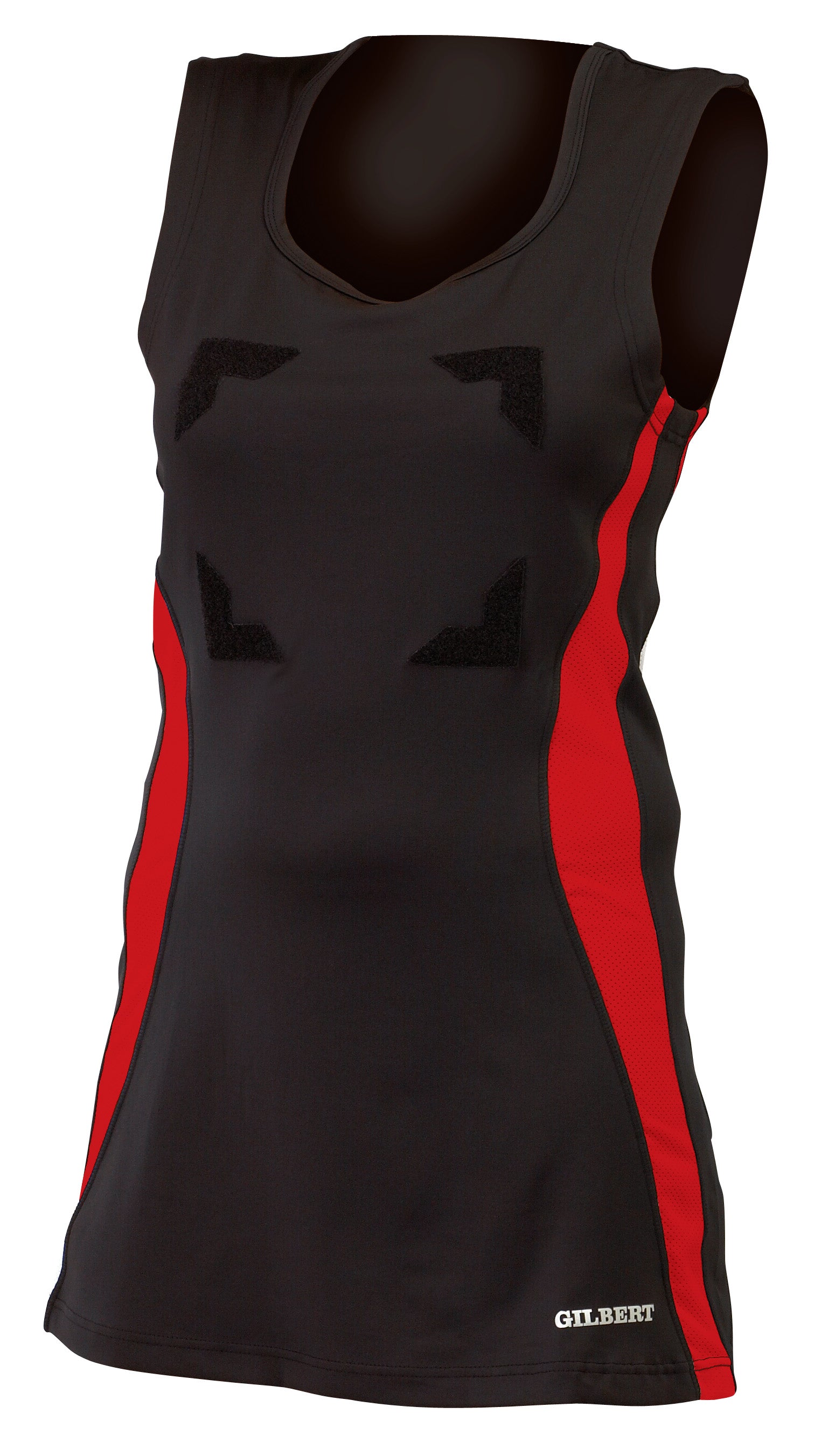 The Gilbert Eclipse Netball Dress by Gilbert features a sleeveless black/red design with red side panels, scoop neckline, four rectangular black velcro patches on the front, and the GILBERT logo near the hem.