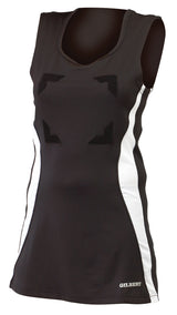 The Gilbert Eclipse Netball Dress by Gilbert features a sleek sleeveless black/white design with a V-neck & front areas for position patches. "GILBERT" is printed near the hem—an ideal choice for women's netball uniforms.