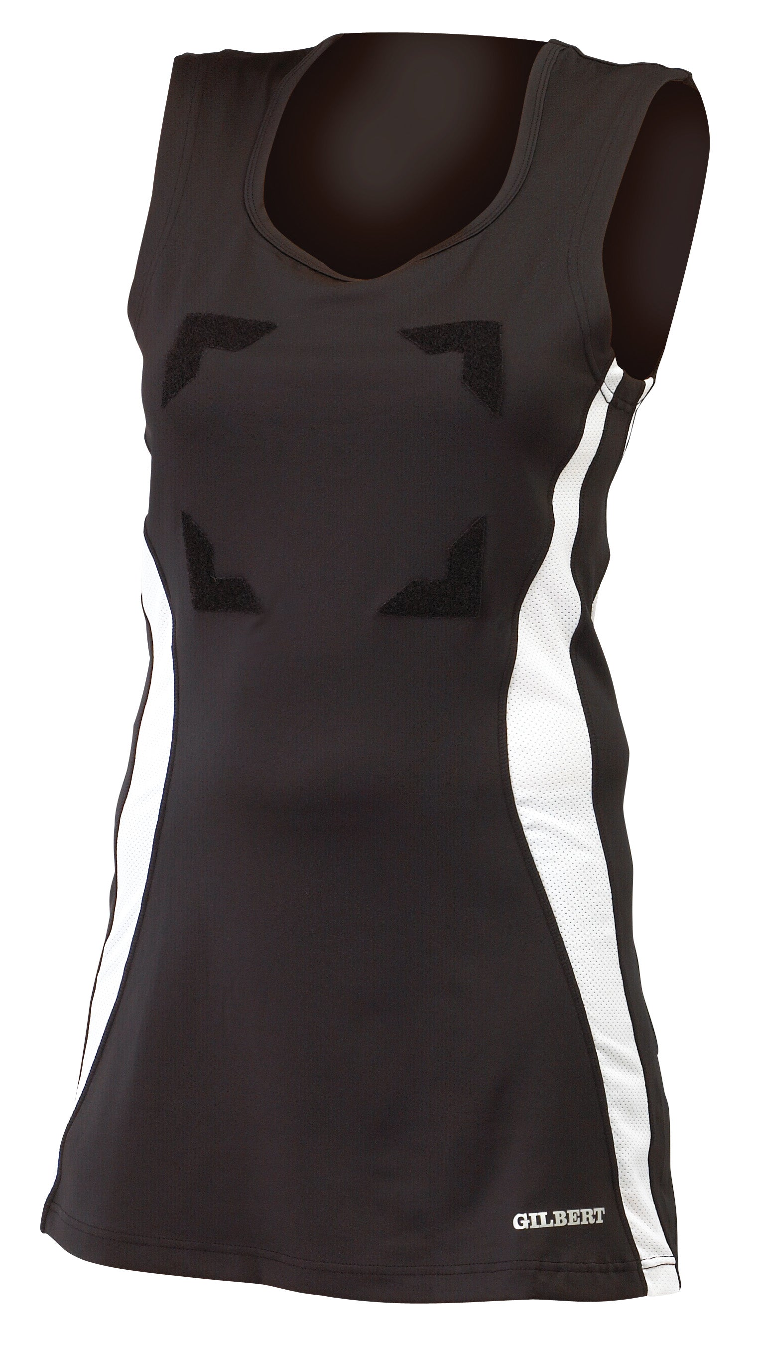 The Gilbert Eclipse Netball Dress by Gilbert features a sleek sleeveless black/white design with a V-neck & front areas for position patches. "GILBERT" is printed near the hem—an ideal choice for women's netball uniforms.