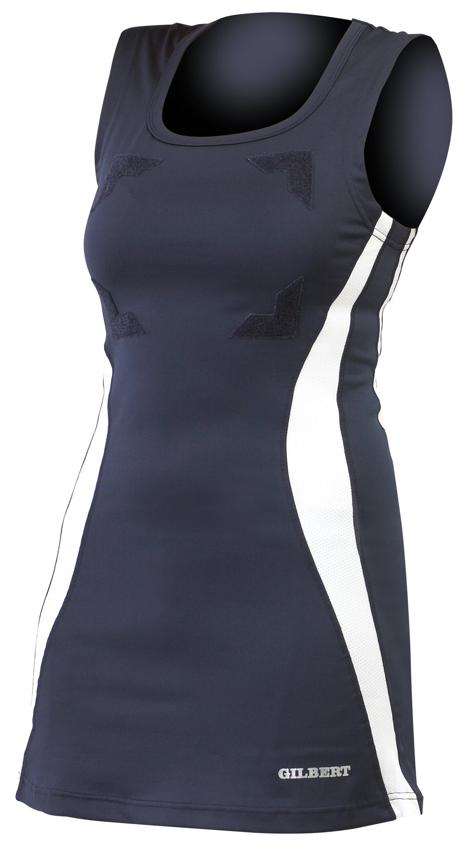 The Gilbert Eclipse Netball Dress is a navy/white sleeveless women’s uniform with white side panels, round neckline, and Gilbert branding near the hem—ideal for netball sports activities.