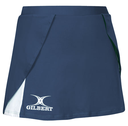 The Gilbert Helix Netball Skirt by Gilbert is navy with a white inner layer, green accent, and a white Gilbert logo on the lower front left side. Its elasticated waistband provides a comfortable fit for active play.