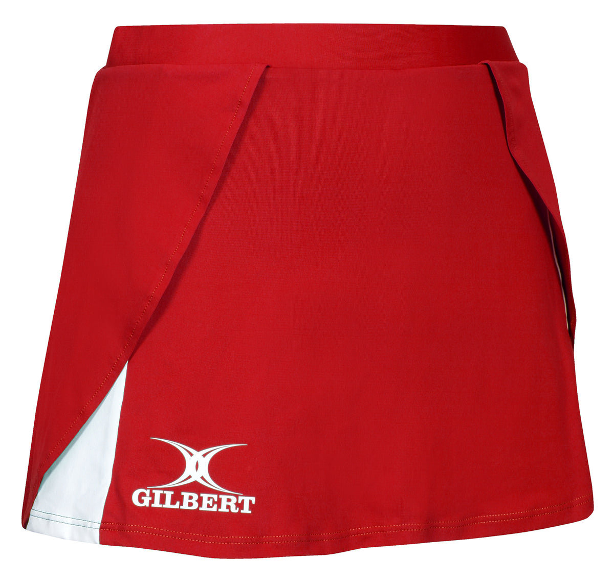 The Gilbert Helix Netball Skirt by Gilbert is red with an elasticated waistband, wrap over front panel, white inner lining, and a white Gilbert logo on the lower left side.
