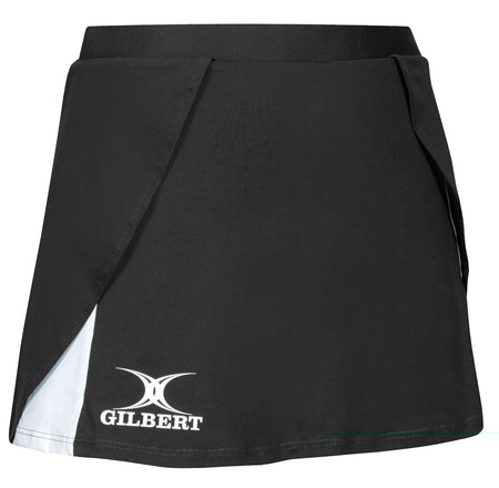 The Gilbert Helix II Netball Skort by Gilbert comes in black, features white text, and offers a comfortable fit with its elasticated waistband.