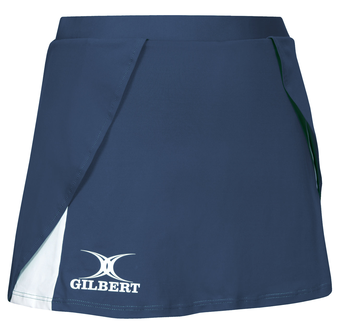 The Gilbert Helix II Netball Skort by Gilbert is navy with an overlapping front, white Gilbert logo and emblem on the lower left, white inner hem accent, and an elasticated waistband for a secure fit.