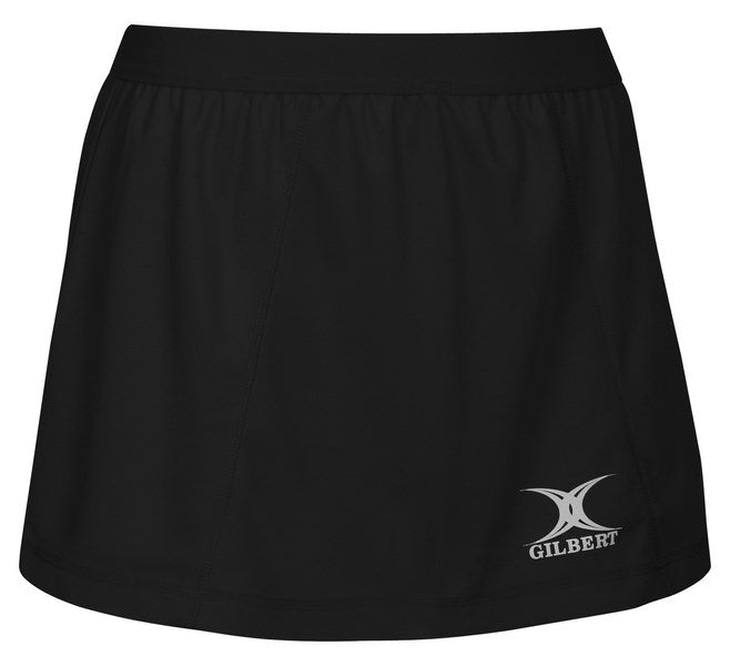 The Gilbert Blaze Netball Skirt is a plain black skirt with an elastic waistband and a white Gilbert logo on the lower right, offering comfort and performance for active days.