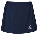 The black Gilbert Blaze Netball Skirt features an elastic waistband and a white Gilbert logo on the lower left, combining comfort and style for active days.