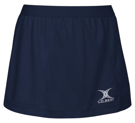 The black Gilbert Blaze Netball Skirt features an elastic waistband and a white Gilbert logo on the lower left, combining comfort and style for active days.