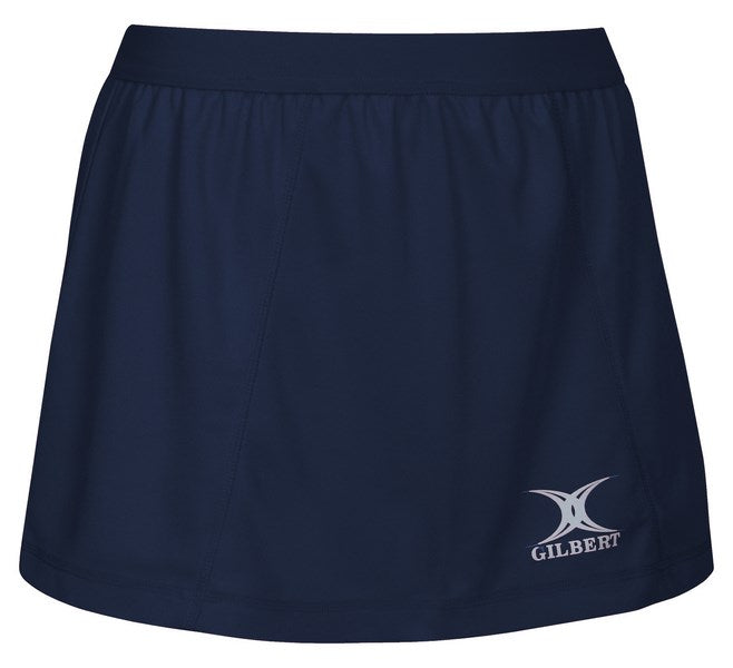 The black Gilbert Blaze Netball Skirt features an elastic waistband and a white Gilbert logo on the lower left, combining comfort and style for active days.
