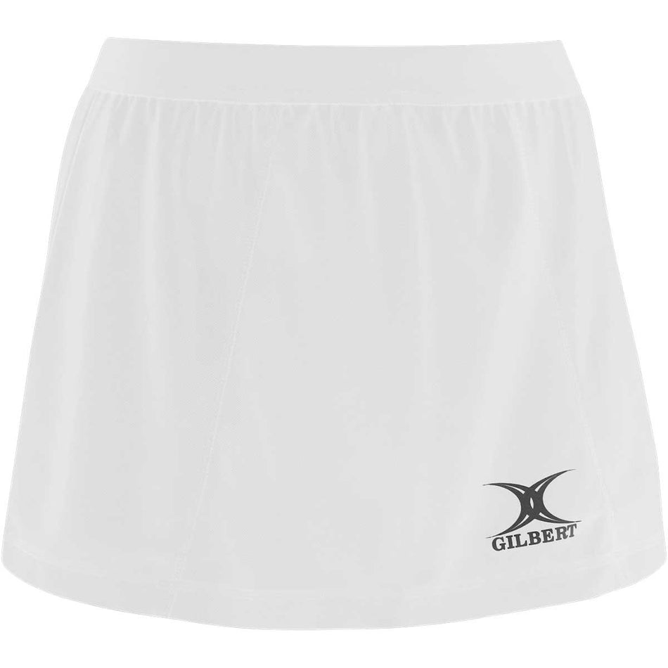 The Gilbert Blaze Netball Skort is a plain white skort with a small black Gilbert logo near the right hem, made from moisture control fabric for comfort and featuring an elasticated waist for a secure fit.