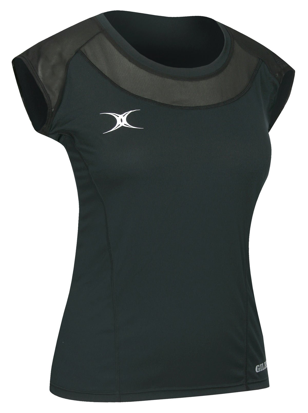 The Gilbert Vixen Netball Short Sleeve Top is a black women’s athletic shirt with a scoop neck, mesh panels on the shoulders and chest, a white Gilbert logo on the left chest, and a small white brand name on the lower right side.