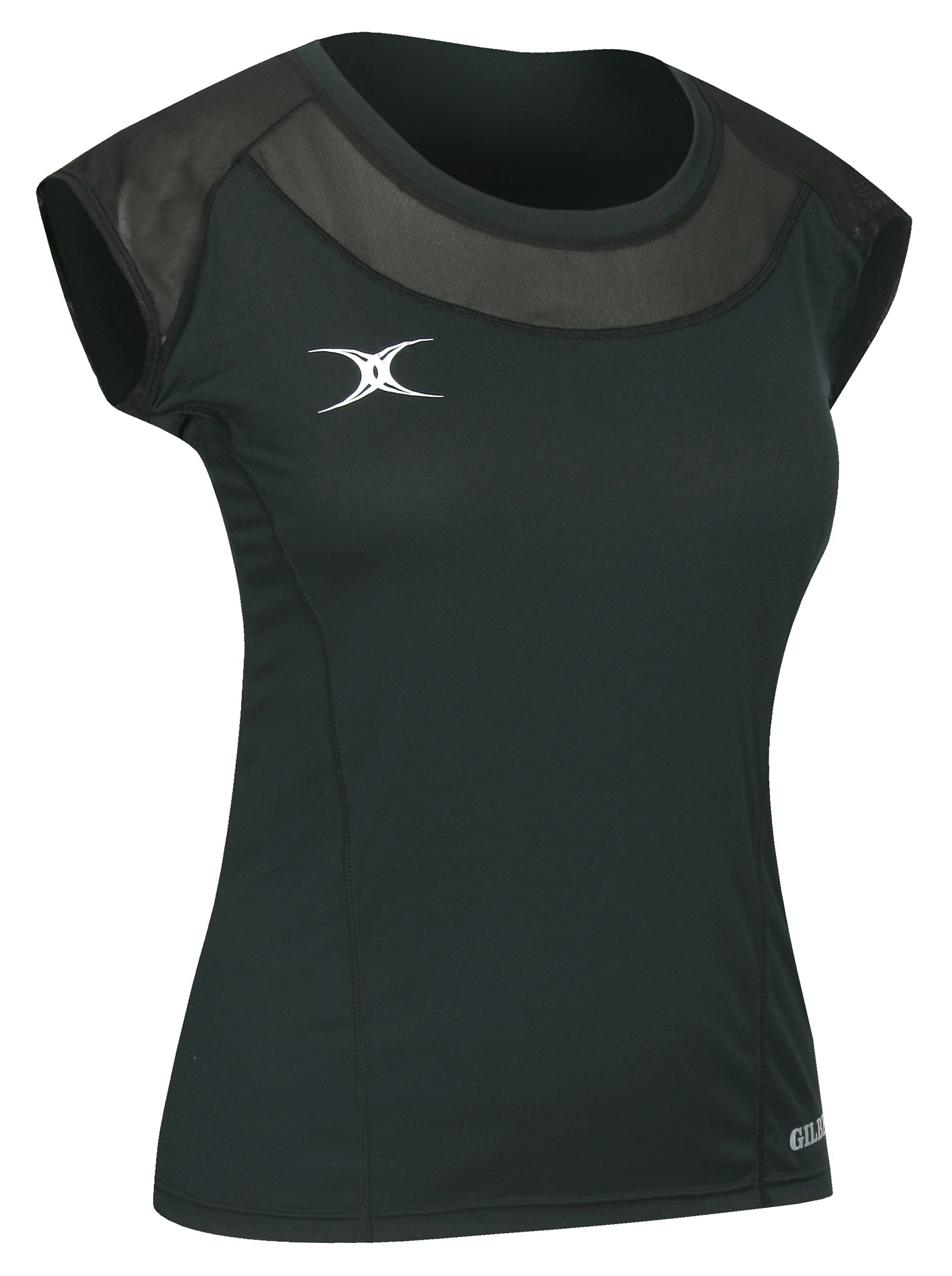 The Gilbert Vixen Netball Short Sleeve Top is a black women’s athletic shirt with a scoop neck, mesh panels on the shoulders and chest, a white Gilbert logo on the left chest, and a small white brand name on the lower right side.