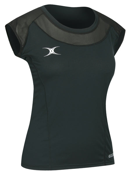The Gilbert Vixen Netball Short Sleeve Top is a black women’s athletic shirt with a scoop neck, mesh panels on the shoulders and chest, a white Gilbert logo on the left chest, and a small white brand name on the lower right side.