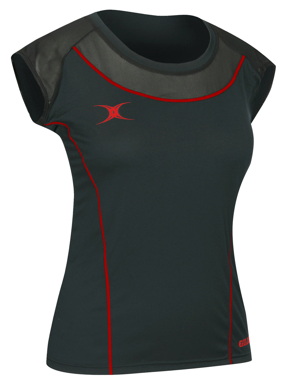 The Gilbert Vixen Netball Short Sleeve Top is a fitted black shirt with red piping, mesh panels at the shoulders and neckline, a scoop neck, and a bold red abstract logo on the left chest.