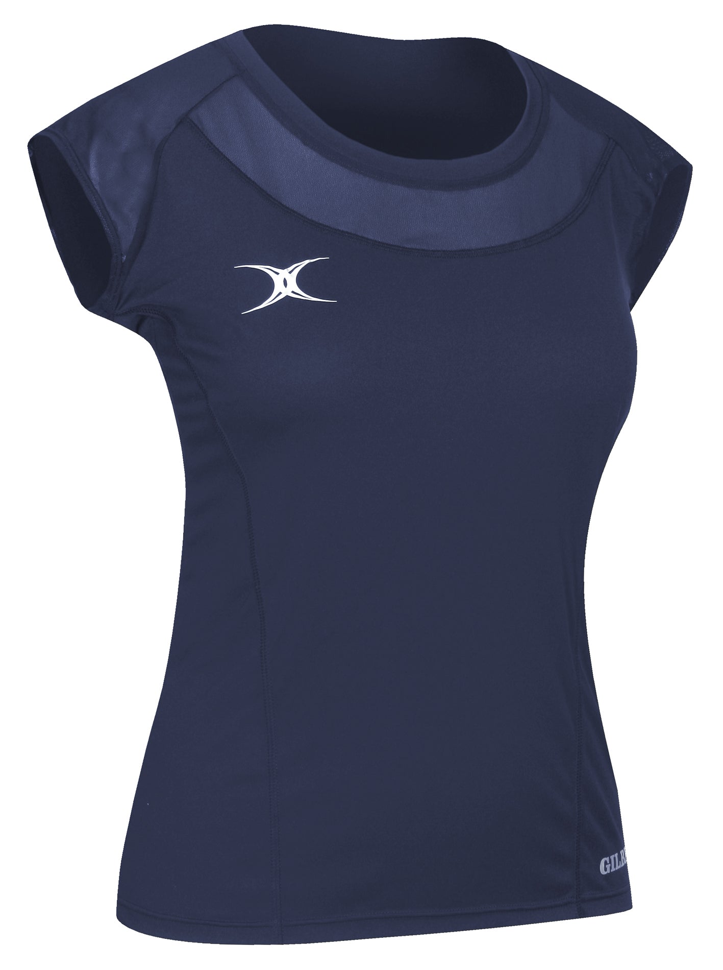 The Gilbert Vixen Netball Short Sleeve Top for women is navy blue with a scoop neck, cap sleeves, white logos on the chest and lower side, and a fitted silhouette. It features the Gilbert brand and has no visible patterns.