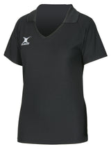 The Gilbert Blaze Shirt by Gilbert is a black, short-sleeve V-neck top with a small white logo on the left chest. Perfect for training or as stylish gym wear, it's shown here on a white background.