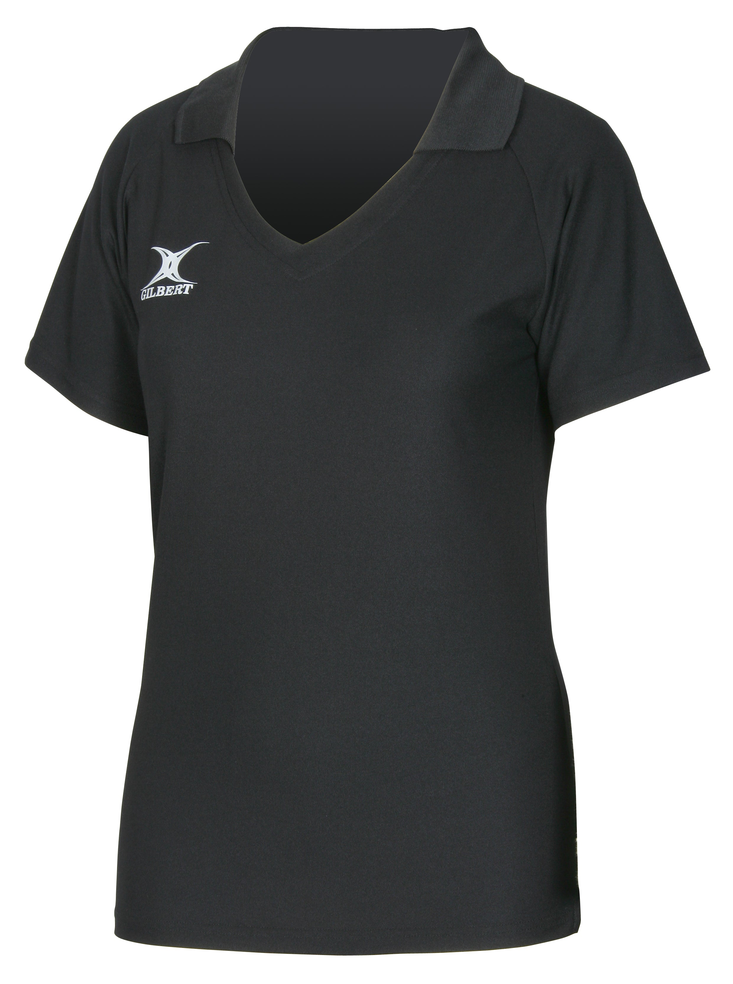 The Gilbert Blaze Shirt by Gilbert is a black, short-sleeve V-neck top with a small white logo on the left chest. Perfect for training or as stylish gym wear, it's shown here on a white background.