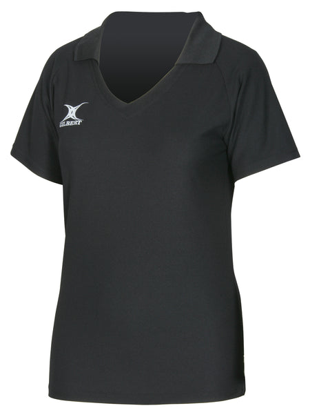 The Gilbert Blaze Shirt by Gilbert is a black, short-sleeve V-neck top with a small white logo on the left chest. Perfect for training or as stylish gym wear, it's shown here on a white background.