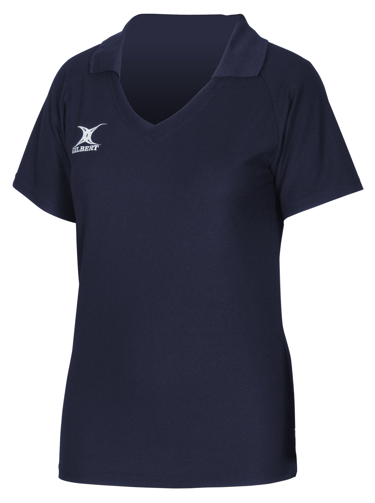 The Gilbert Blaze Shirt is a navy short-sleeve polo with a collar and v-neck, featuring a small white Gilbert logo on the left chest. Ideal for gym or training, this top has a plain design with no additional markings.