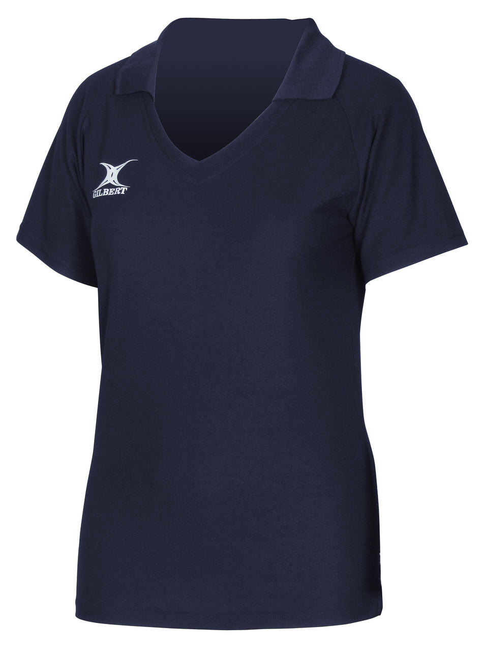 The Gilbert Blaze Shirt is a navy short-sleeve polo with a collar and v-neck, featuring a small white Gilbert logo on the left chest. Ideal for gym or training, this top has a plain design with no additional markings.