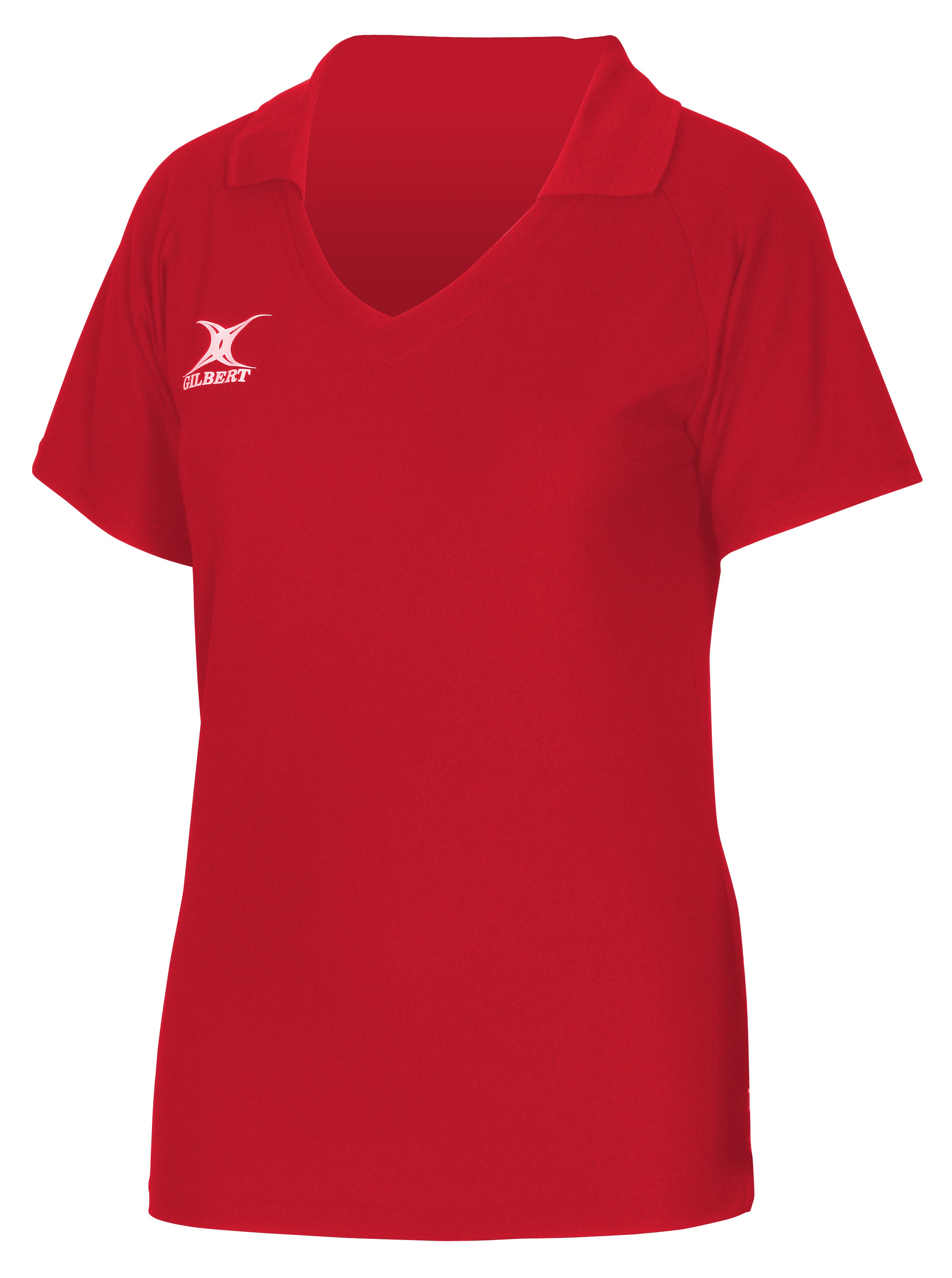 The Gilbert Blaze Shirt is a red, short-sleeved sports training top with a V-neck and white Gilbert logo on the left chest—ideal for gym sessions.
